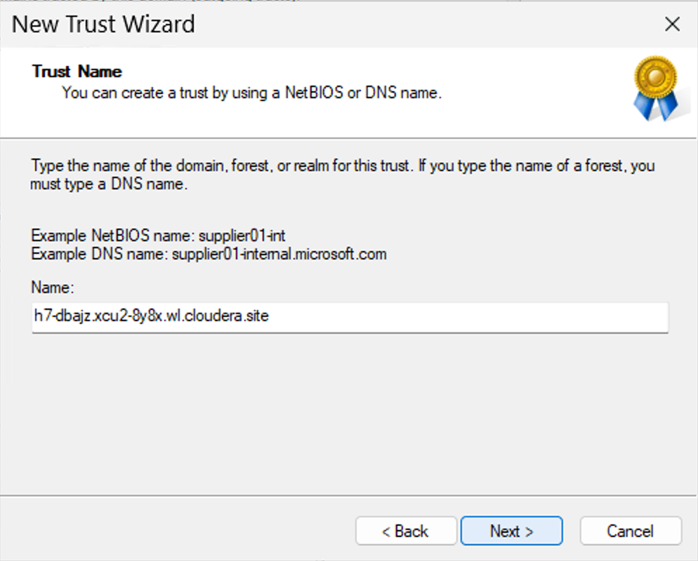 Windows Server 2025 user interface, Trust Name modal window