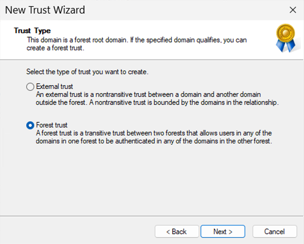Windows Server 2025 user interface, Trust Type modal window