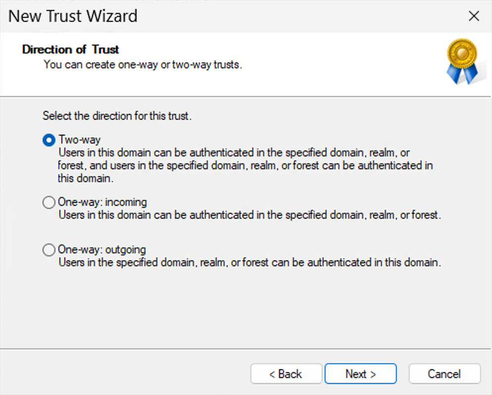 Windows Server 2025 user interface, Direction of Trust modal window