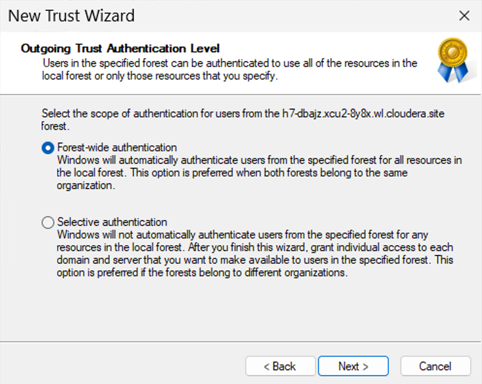 Windows Server 2025 useer interface, Outgoing Trust Authentication Level modal window