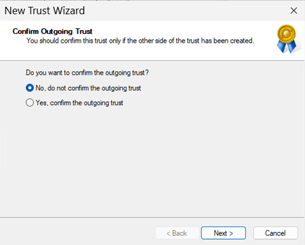 Windows Server 2025 user interface, Confirm Outgoing Trust modal window