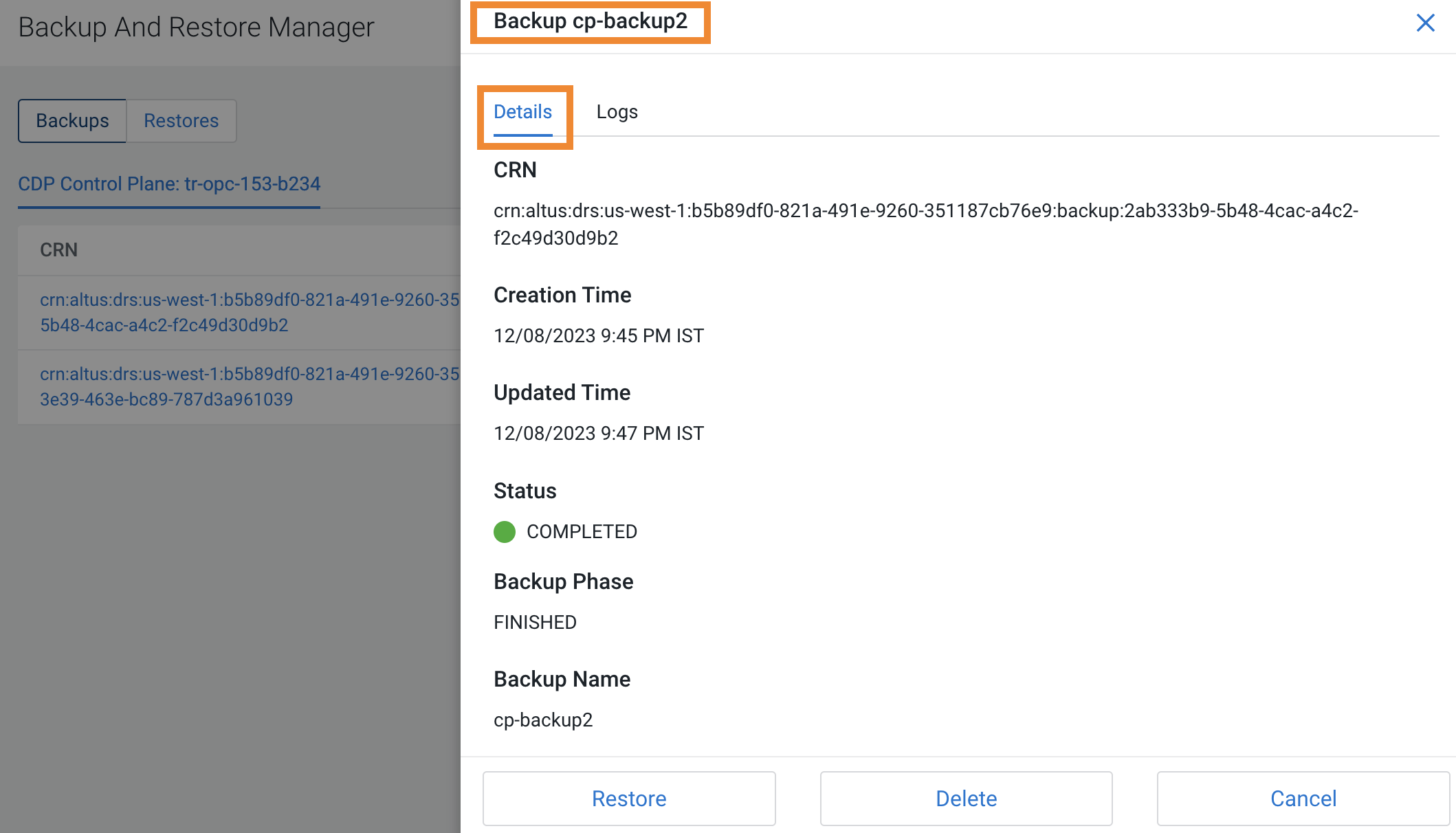 The sample image shows the backup CRN as CRN on the Backups tab in Backup and Restore Manager.