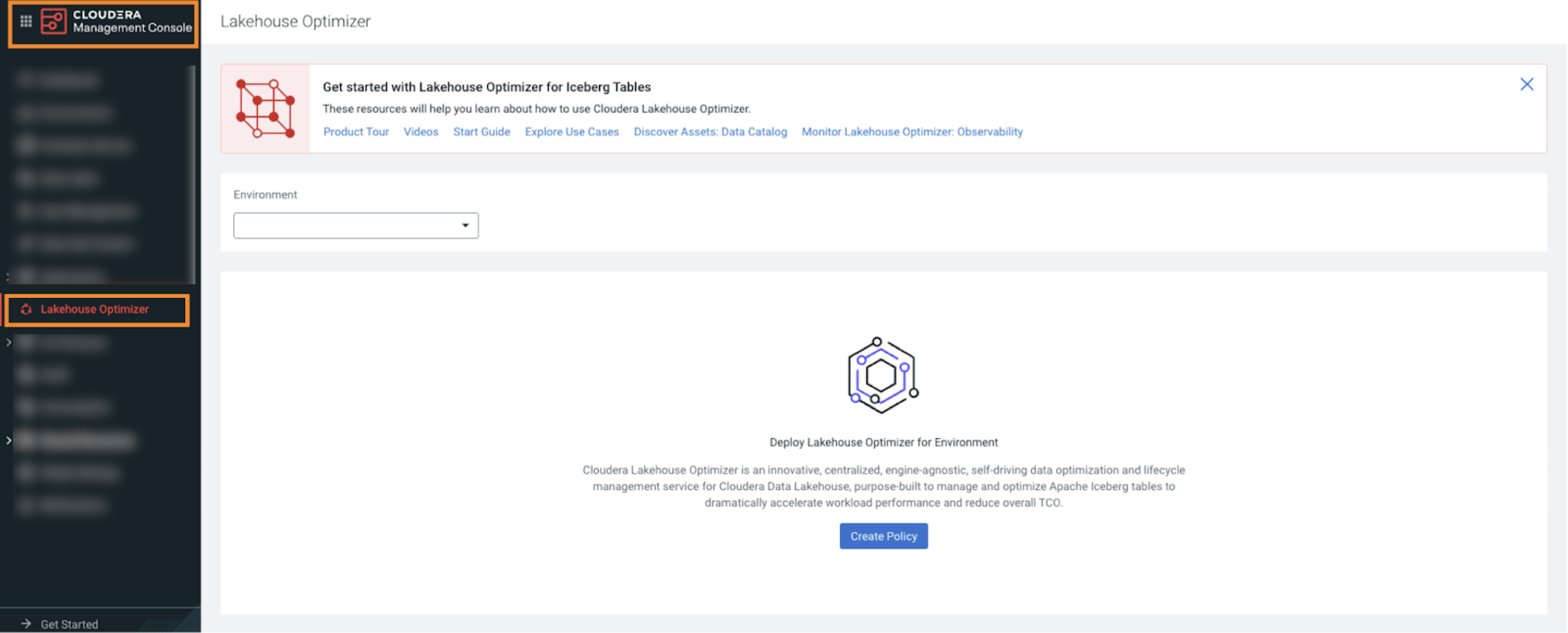 The image shows the Lakehouse Optimizer page when you visit the page for the first time.