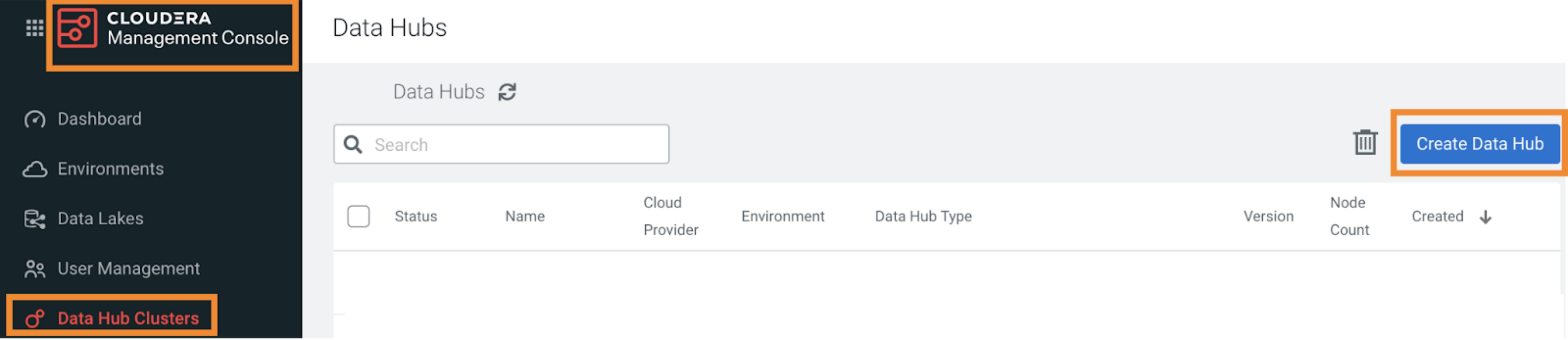 The image shows the Create Data Hub option on the Data Hub Clusters page in Cloudera Management Console.