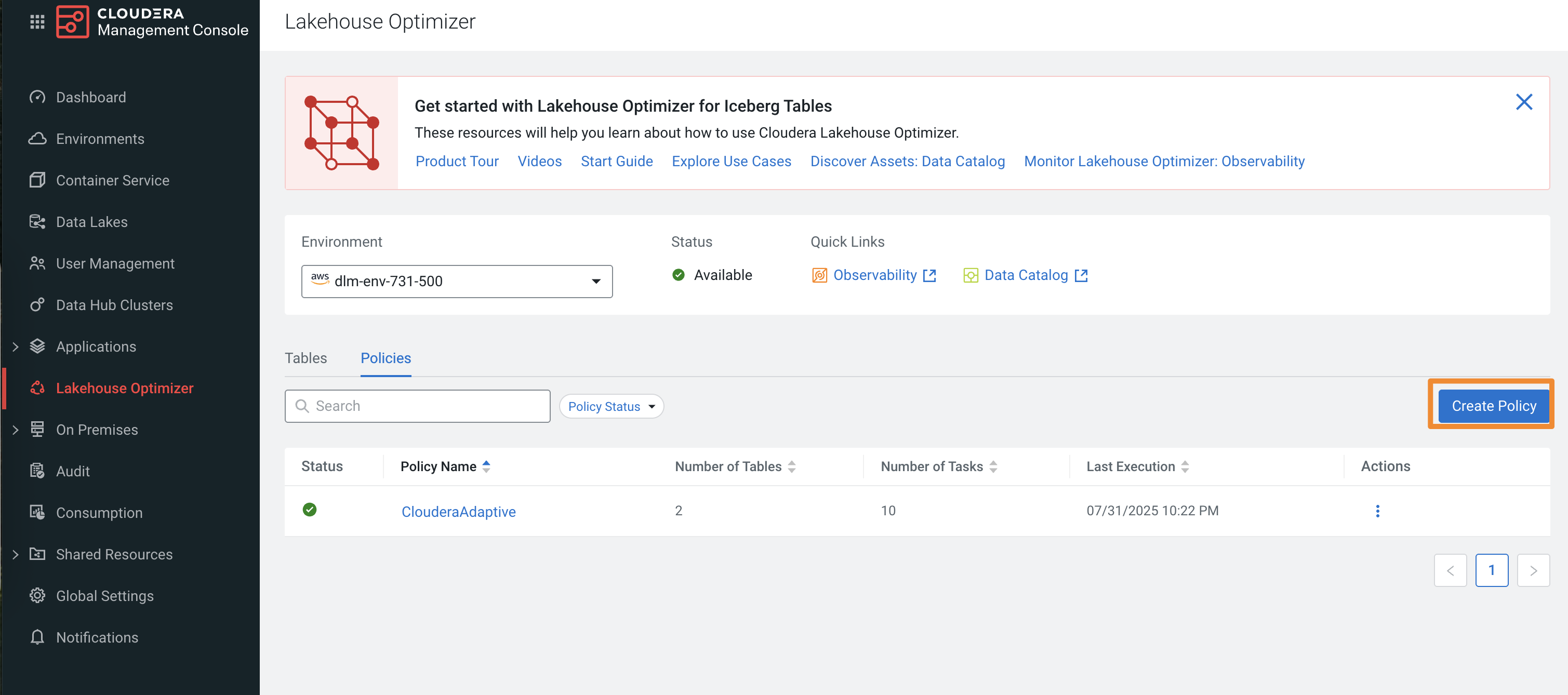The image shows the Create Policy option on the Lakehouse Optimizer page.