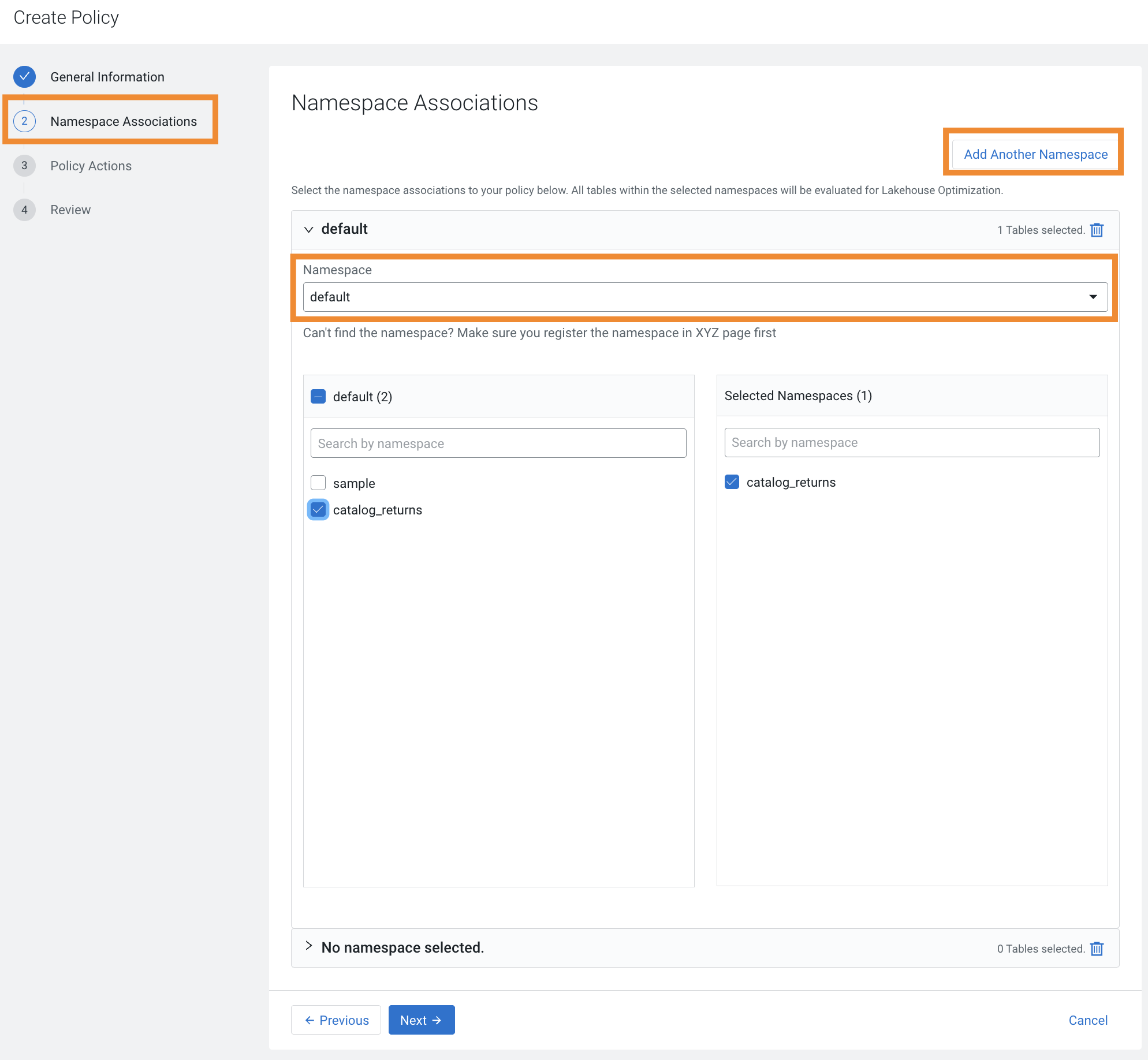 The image shows the Namespace Associations tab and the tab details.