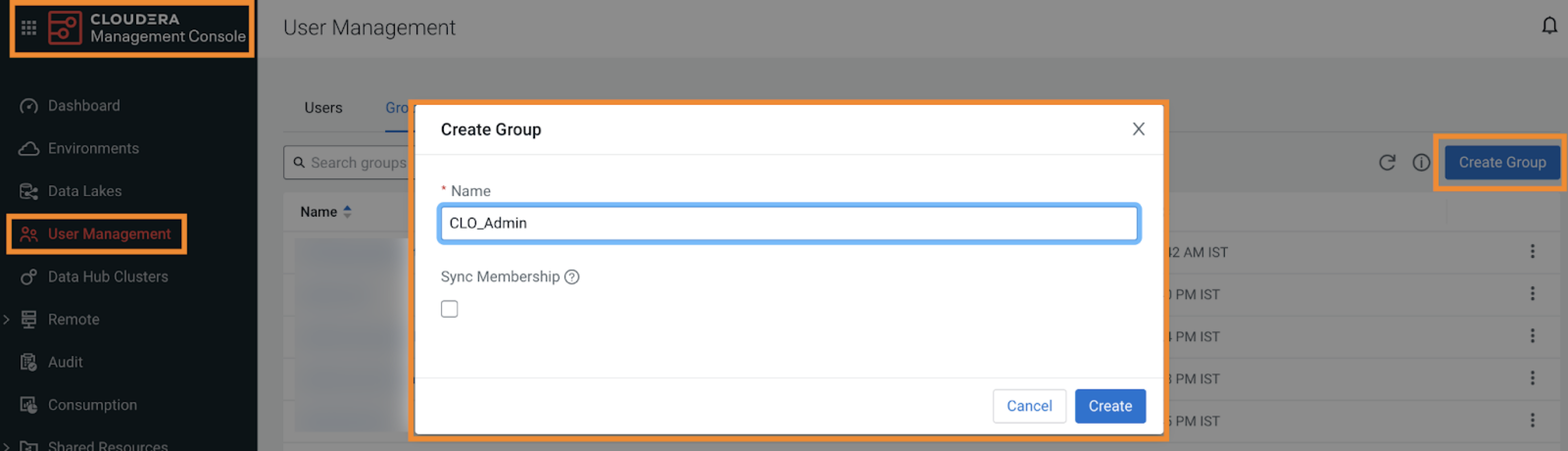 The image shows the Create Group modal window in User Management.