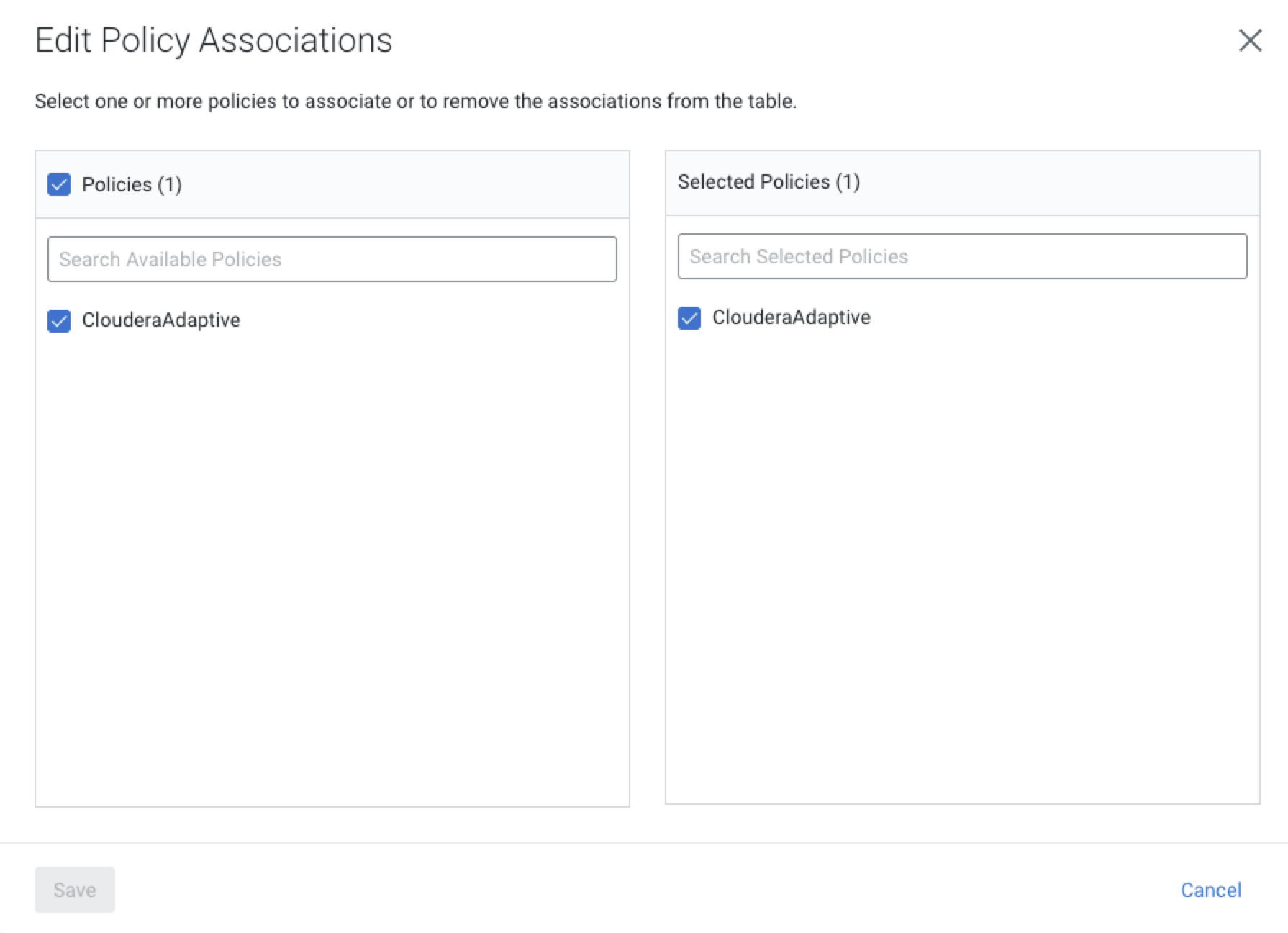 The image shows the Edit Policy Associations modal window.