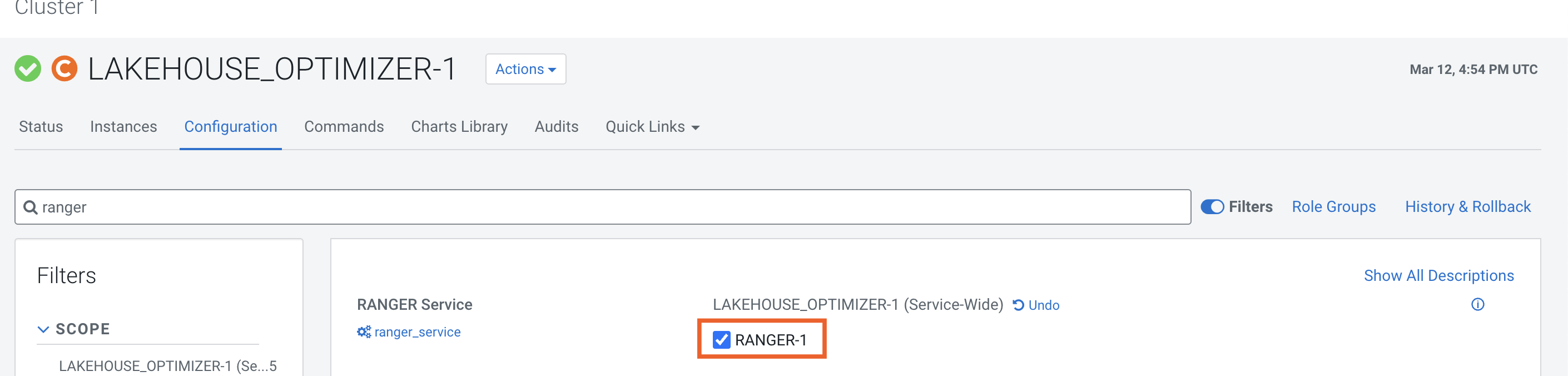 The image shows the Ranger field that you must select to provide fine-grain access to a user or group.