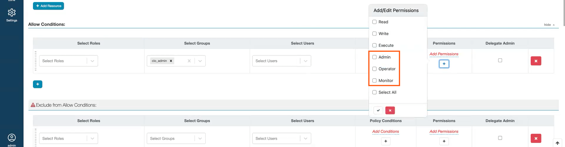 The image shows the Add/Edit  pemissions list where you are recommended to select Admin, Operator, or Monitor option.