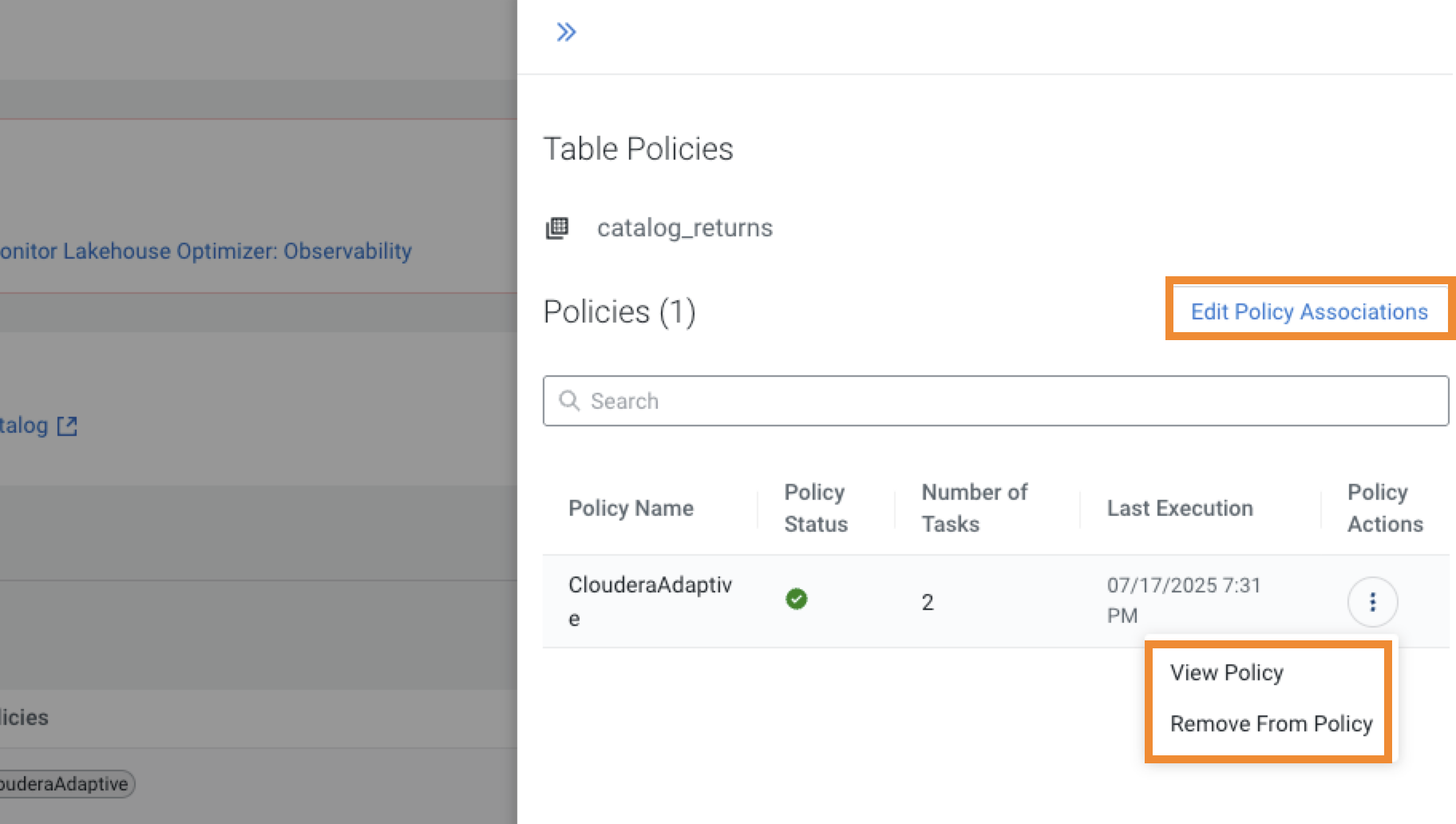 image shows the Table Policies side panel that appears when click View Tables Policies option.