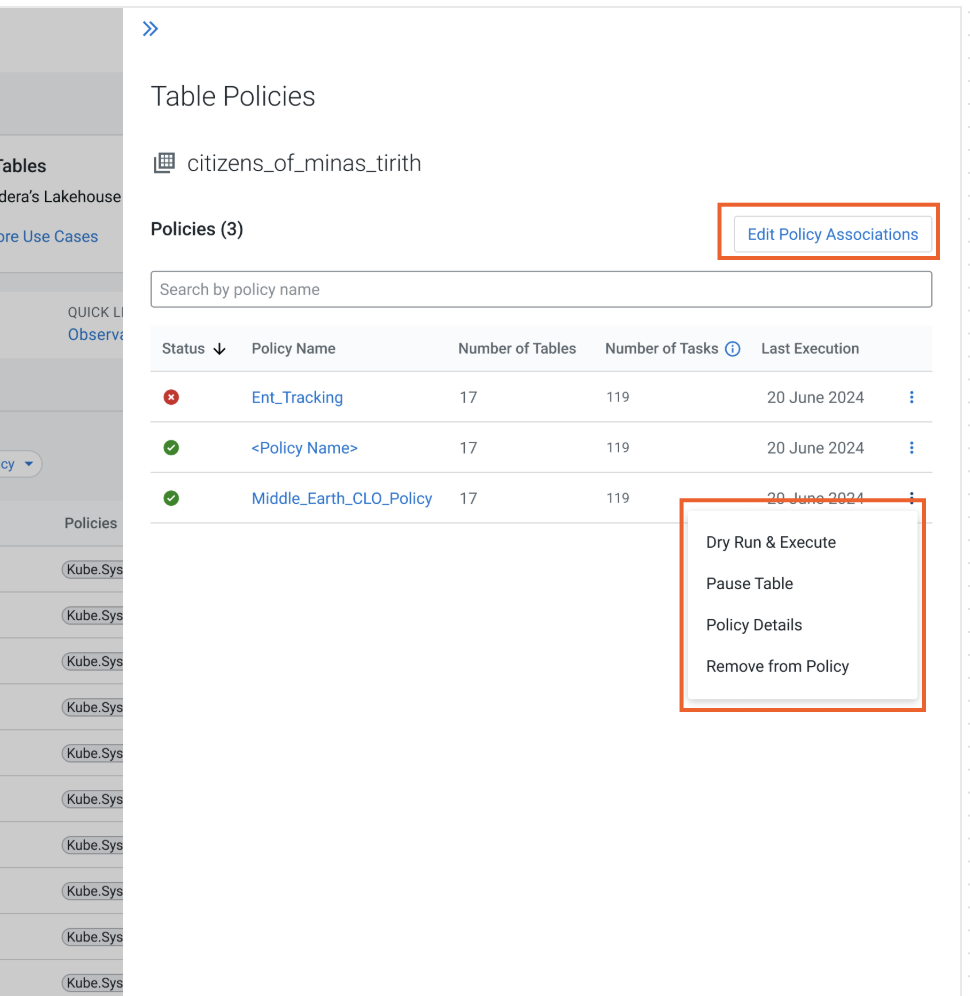 image shows the Table Policies side panel that appears when click View Tables Policies option.