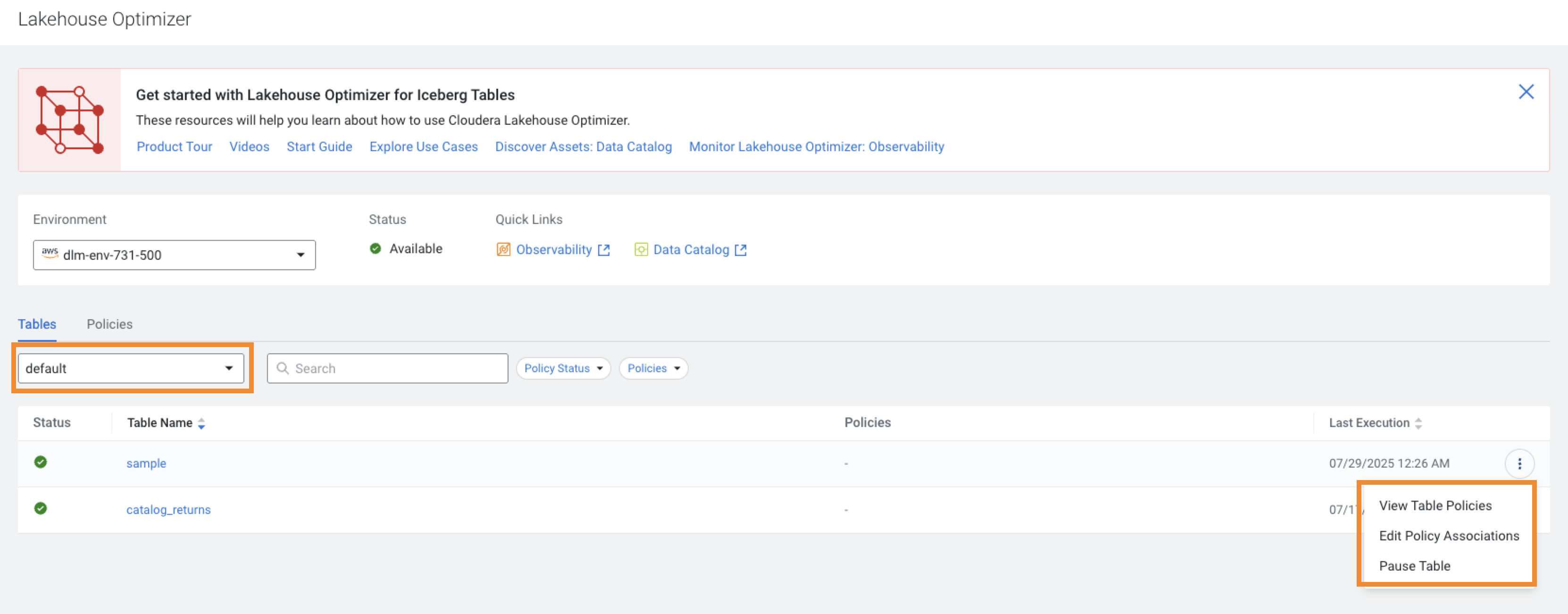 The image shows the Tables tab on the Lakehouse Optimize page.