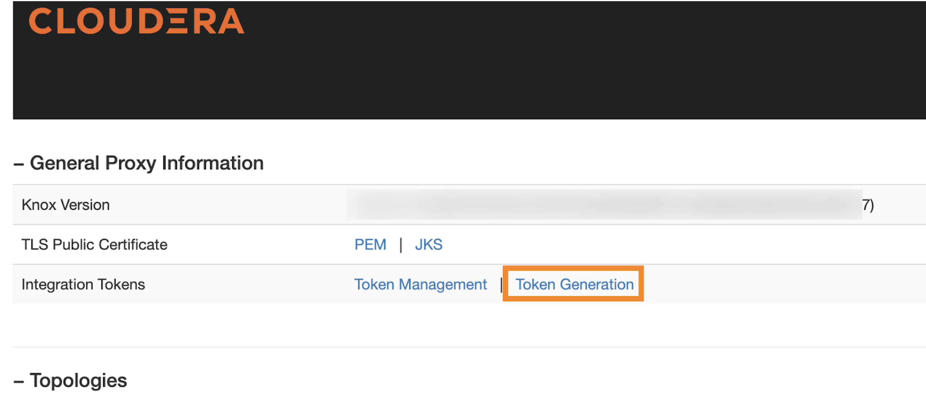 The image shows Apache Knox window where you can find the Token Generation option.