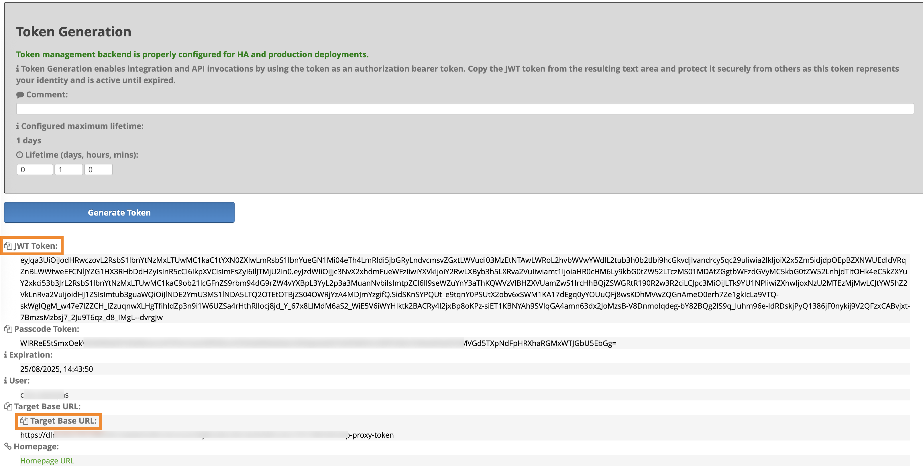 The image shows the Generate Token option.