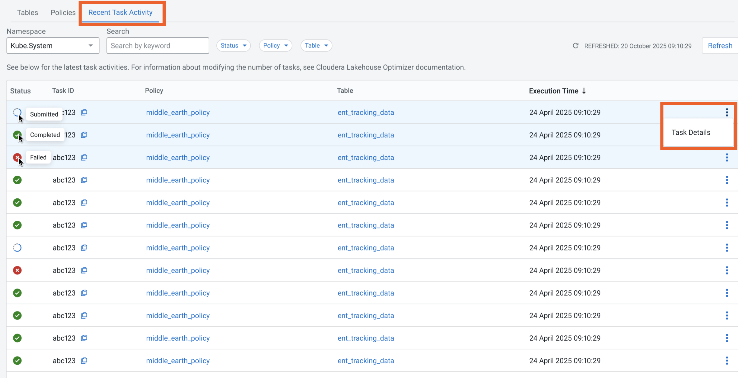 The image shows the Recent Task Activity tab.