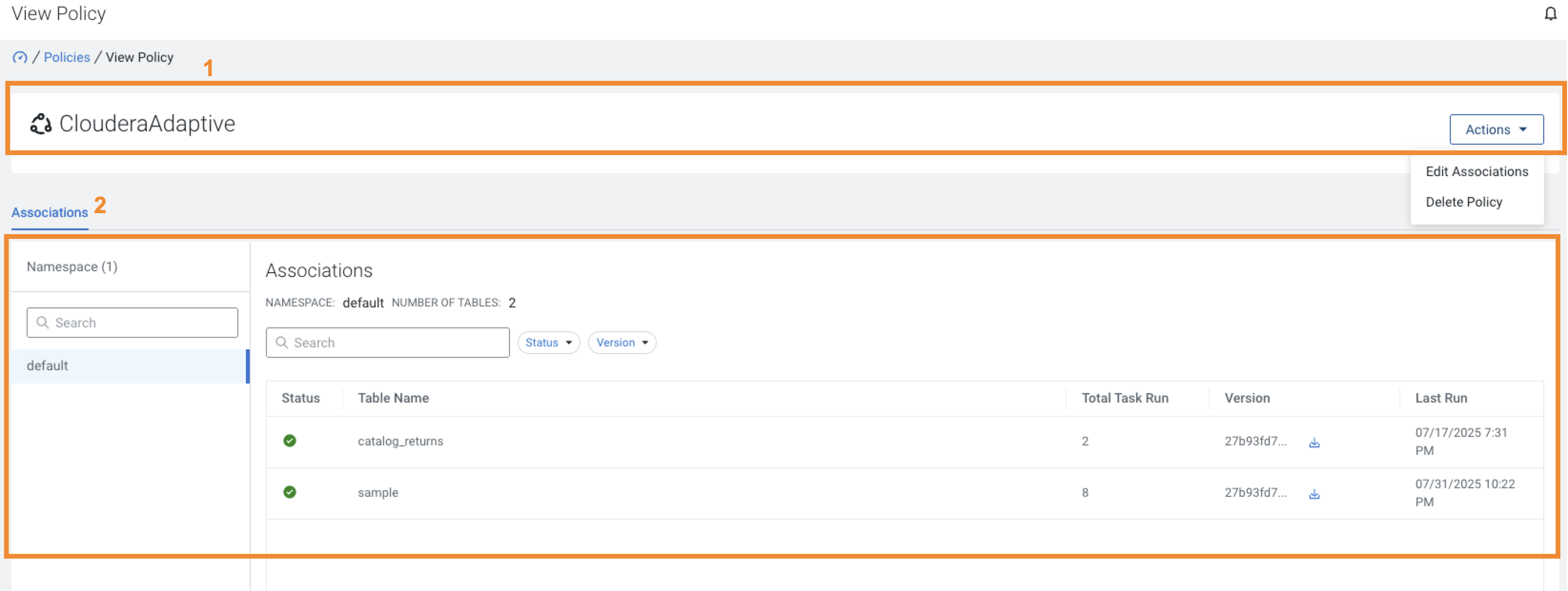 The image shows the ClouderaAdaptive policy page