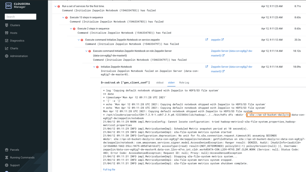 The image shows the Zeppelin exception logged in the Cloudera Manager logs.