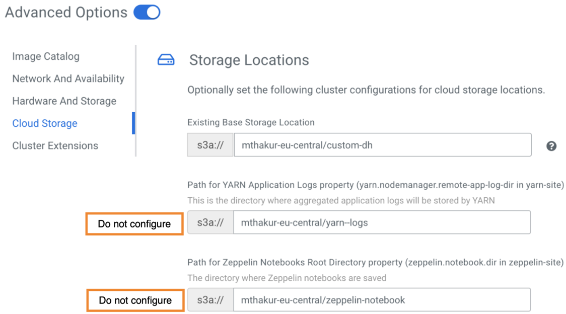 The image shows the Data Hub cluster creation using custom paths.