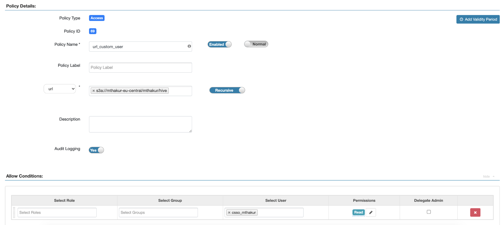 The image shows the Policy Details page in Ranger UI to create a Hive URL authorization policy on an S3 path for an end user.