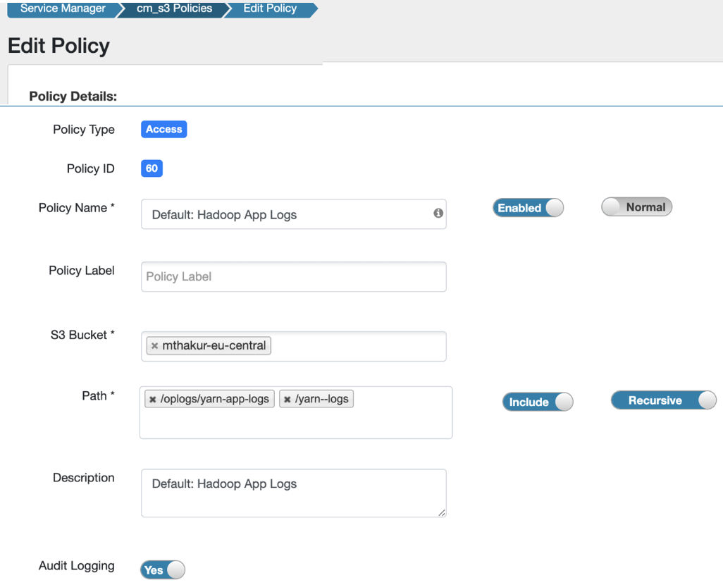 The image shows the path that you must add to the Default: Hadoop App Logs default policy in Ranger UI.