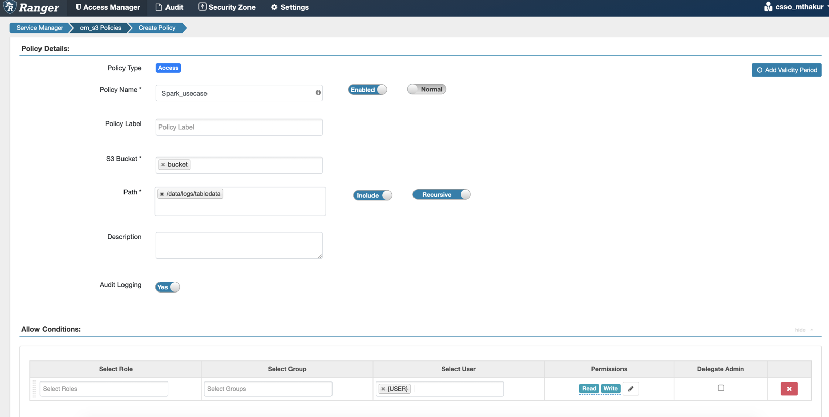 The image shows the Create Policy page in Ranger UI to create an S3 policy on an S3 path for an end user.