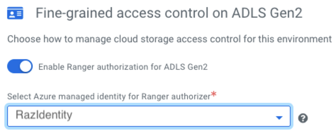 The image shows the fine-grained access control on ADLS Gen2 dialog box where you can enable the Ranger authorization for Azure and choose an Azure managed identity for Ranger authorizer.