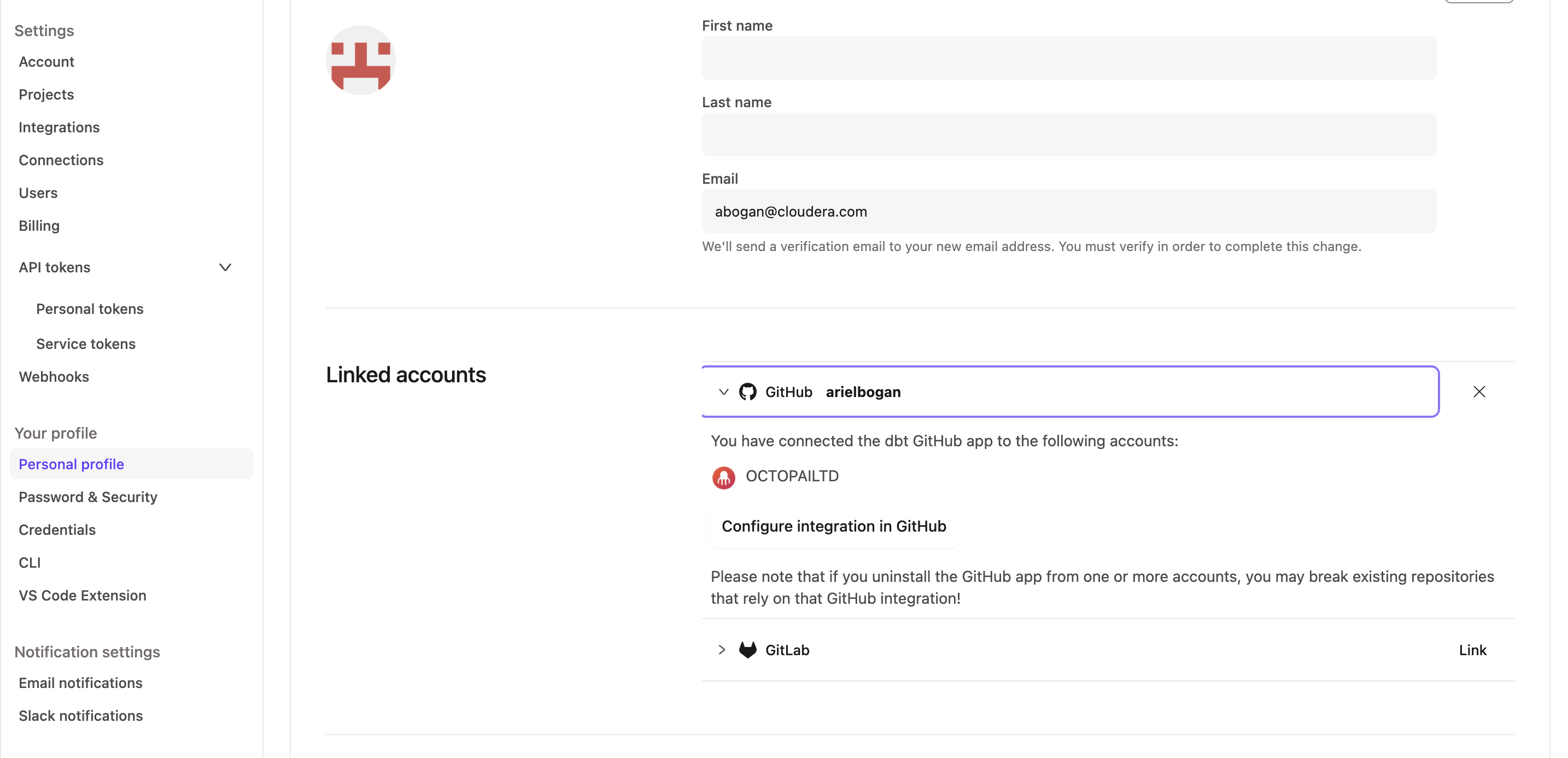 dbt Cloud Personal Profile page showing Git provider connection