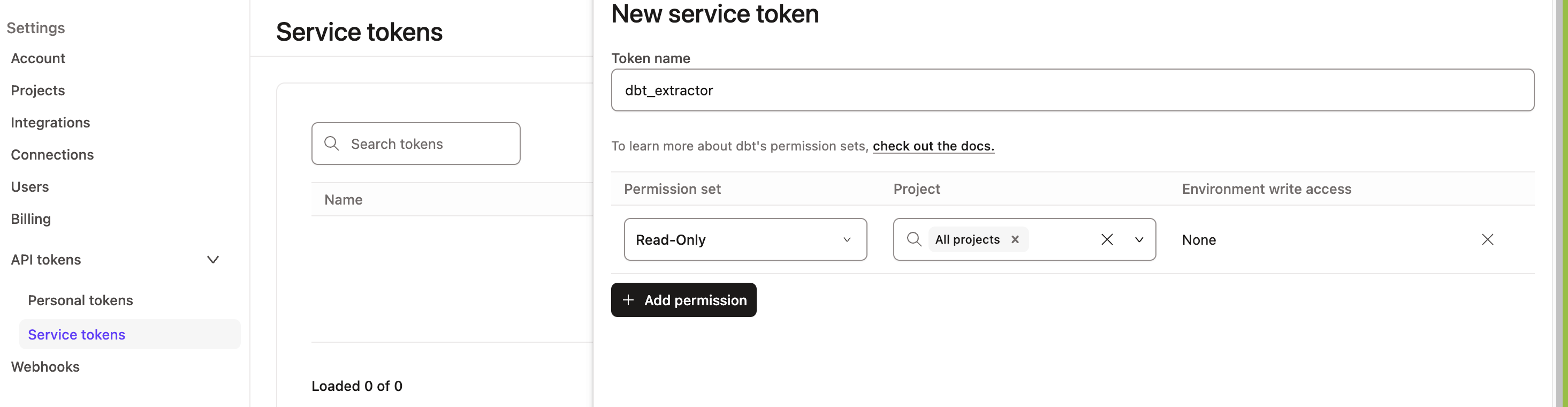 dbt Cloud screen indicating the service token is visible only one time