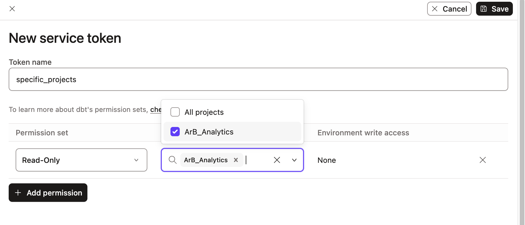 dbt Cloud service token creation screen with read-only permission selection