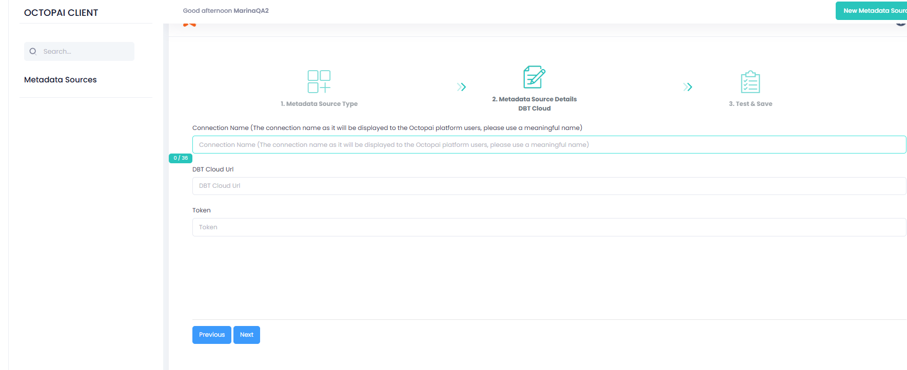 Example of required fields for dbt Cloud connection setup