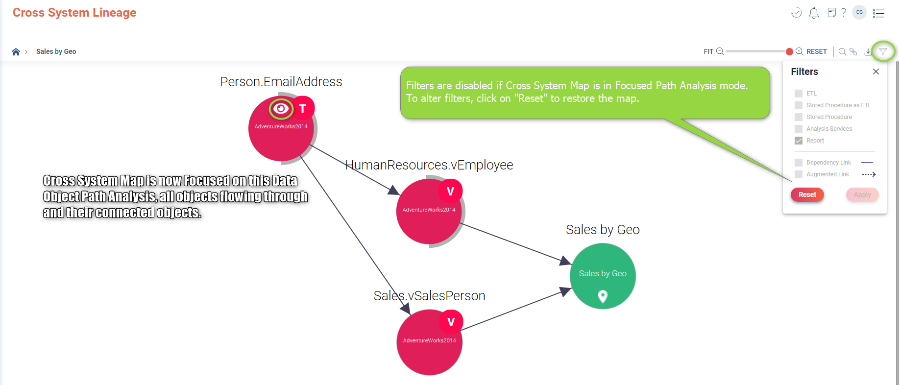 Cross system map with its connected objects is in focused path analysis mode with disabled filters.