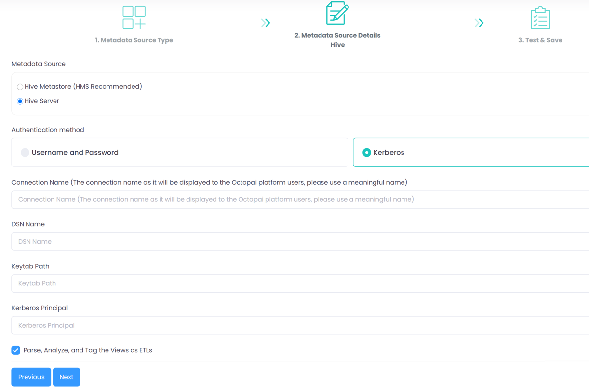 New Metadata Source wizard with Hive Server selected, Kerberos authentication, and the Connection Name, DSN Name, Keytab Path, and Kerberos Principal fields.