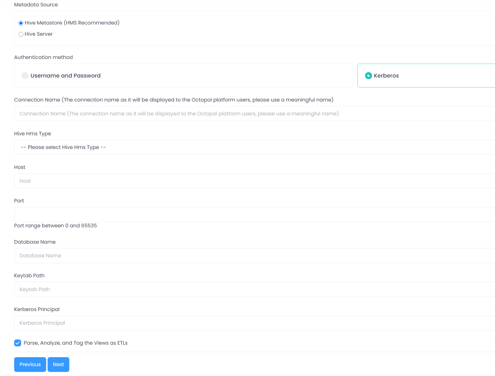 New Metadata Source wizard with Hive Metastore selected, Kerberos authentication, and the Connection Name, Hive Hms Type, Host, Port, Database Name, Keytab Path, and Kerberos Principal fields.