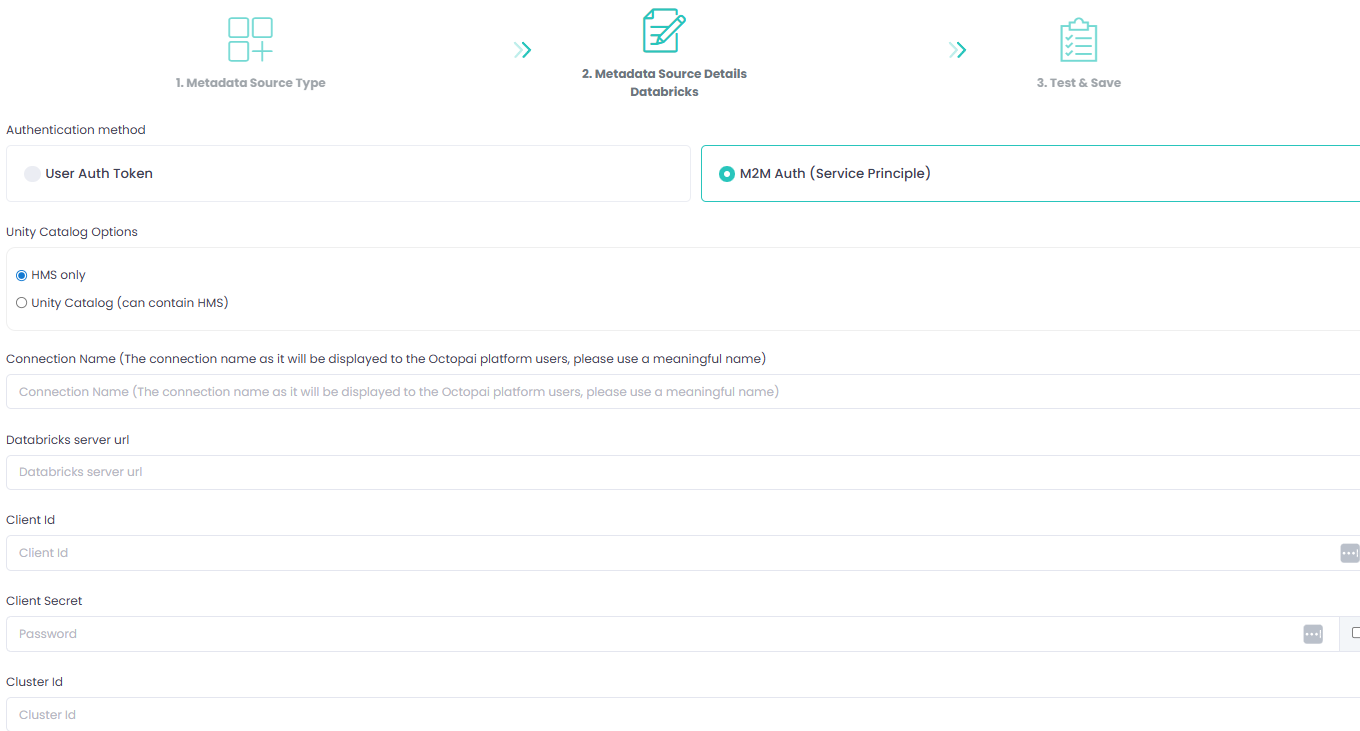 Configuration form showing Databricks metadata source settings for Hive Metastore only using M2M authentication, including fields for connection name, server URL, client ID, client secret, and Cluster ID