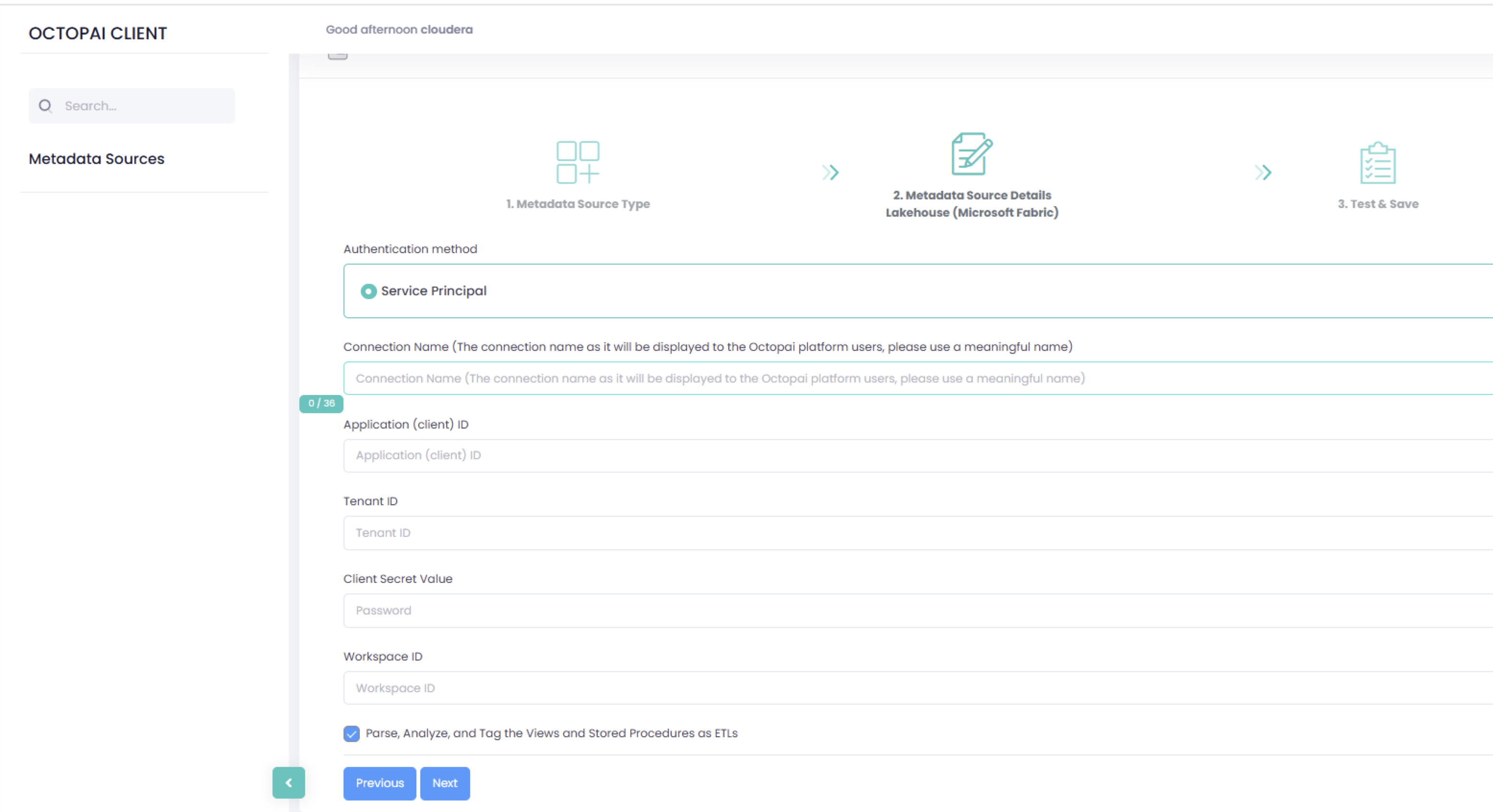 Metadata source wizard configuration for the Microsoft Fabric Lakehouse connector