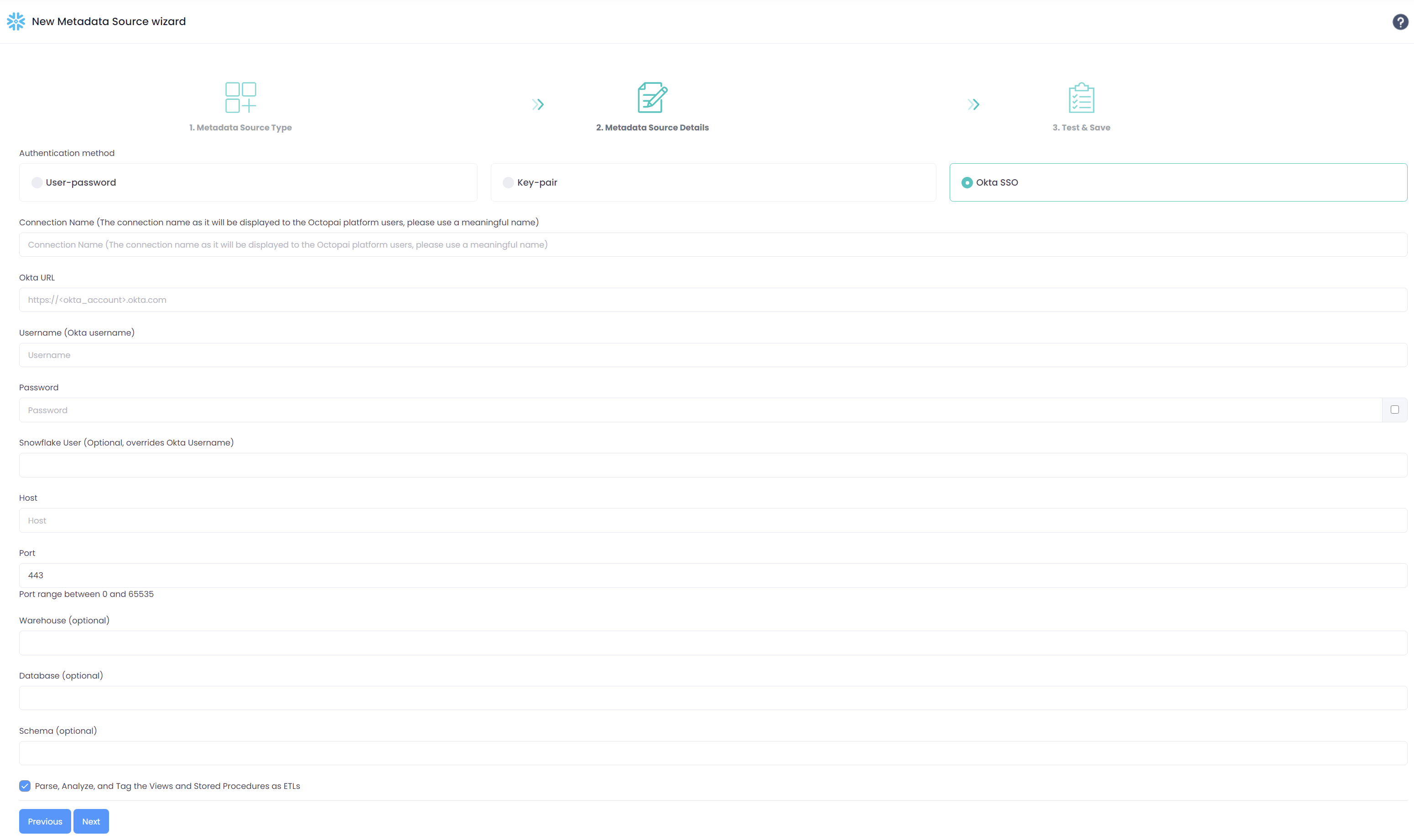 New Metadata Source wizard showing Okta SSO selected with fields for Okta URL, username, password, Snowflake user, host, port, warehouse, database, and schema