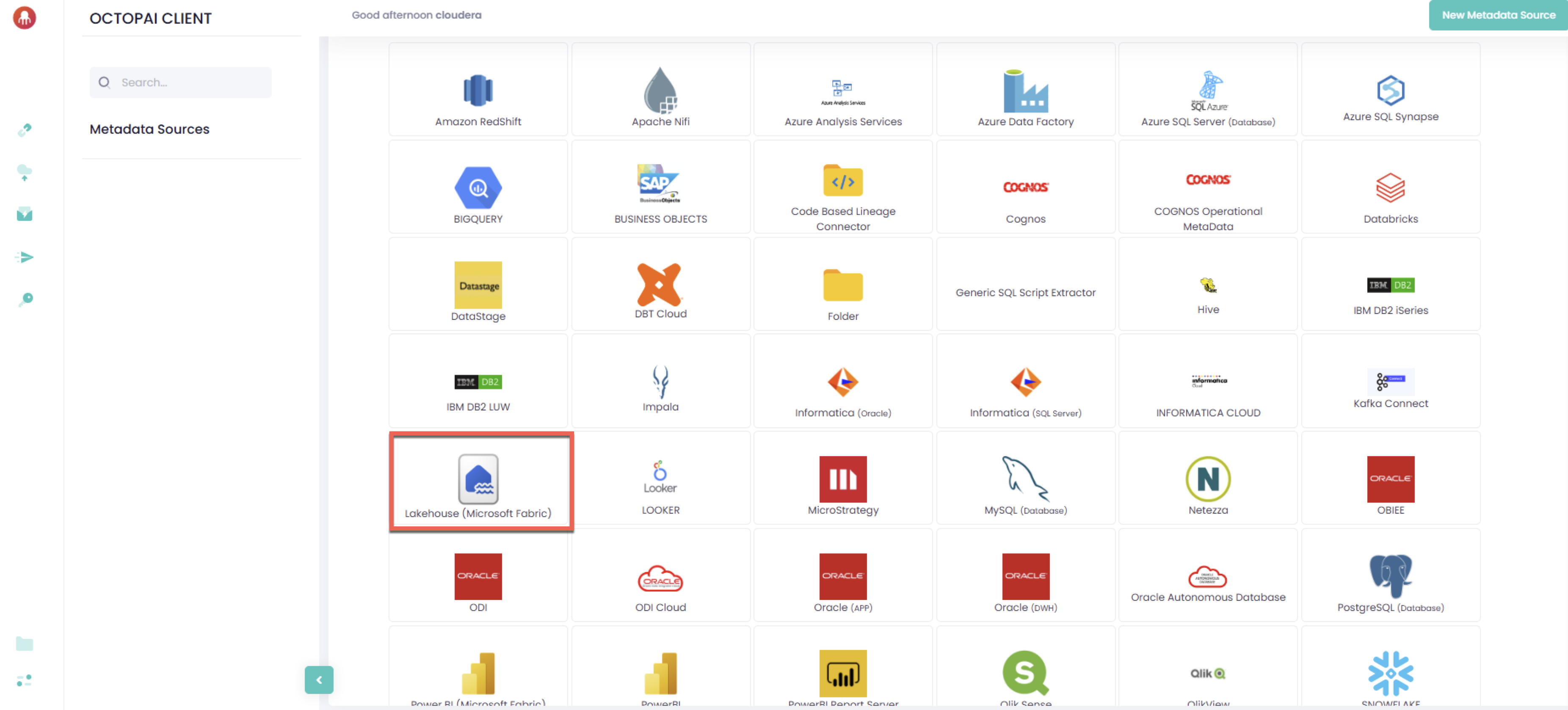New Metadata source page to choose the Microsoft Fabric Lakehouse connector