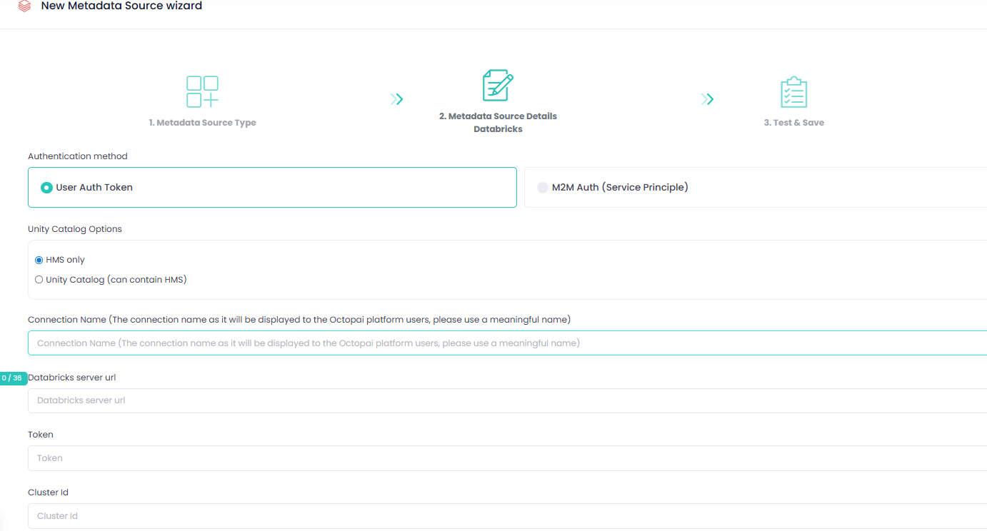 Configuration form showing Databricks metadata source settings for Hive Metastore only, including fields for connection name, server URL, Personal Access Token, and Cluster ID