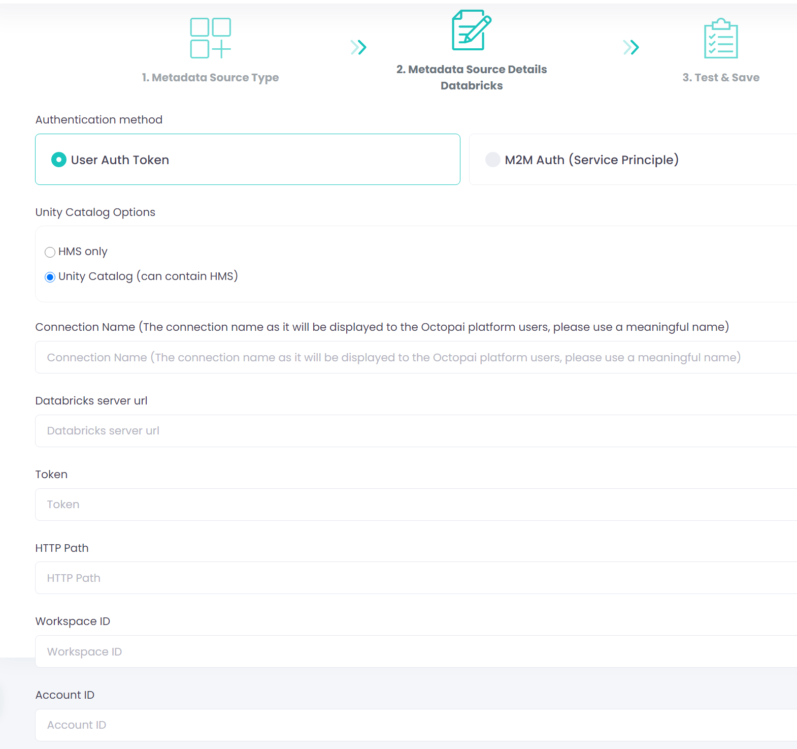 Configuration form showing Databricks metadata source settings for Unity Catalog, including fields for connection name, server URL, Personal Access Token, HTTP path, workspace ID, and account ID