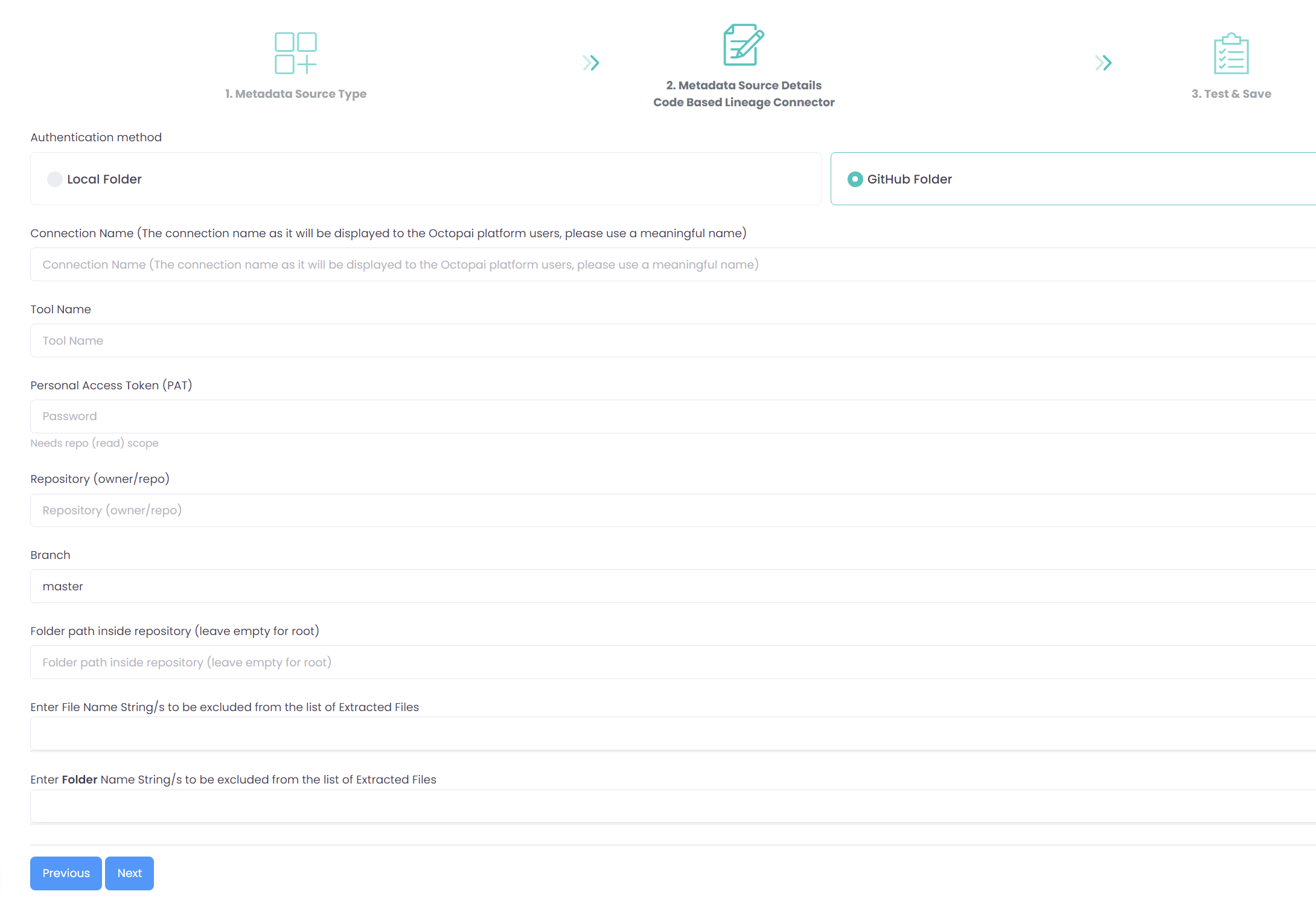 New metadata source wizard to choose Github folder option for Code-based Lineage connector