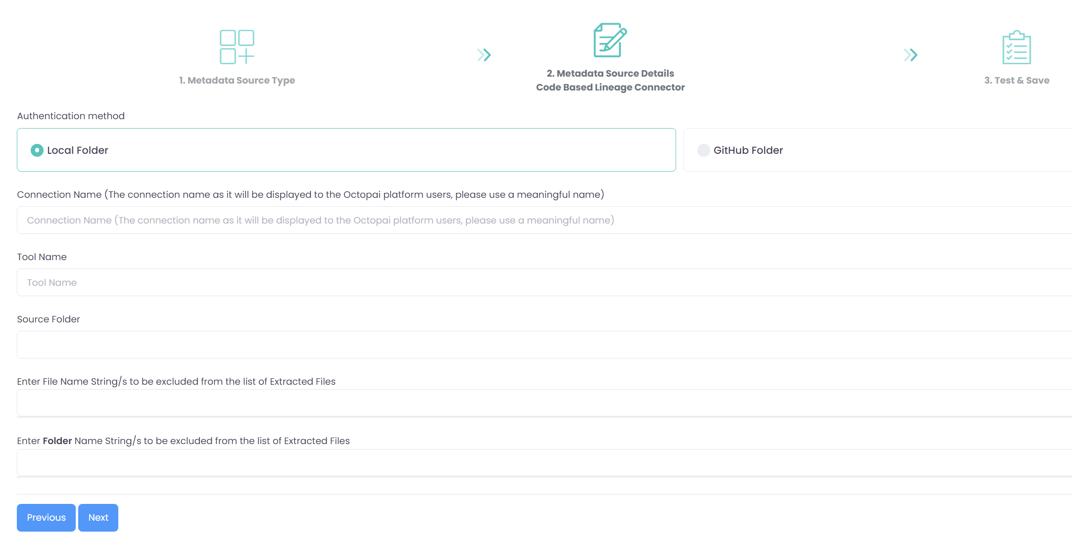 New metadata source wizard to choose Local folder option for Code-based Lineage connector