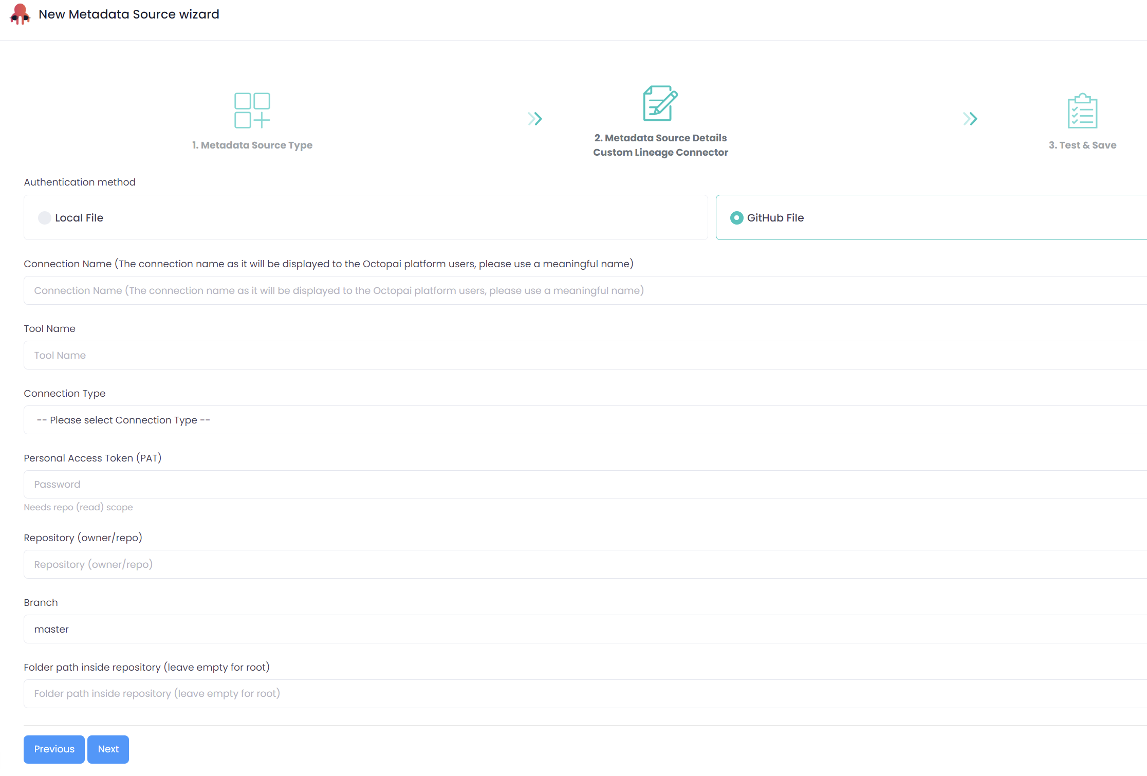 New metadata source wizard to choose Github folder option for Custom Lineage connector