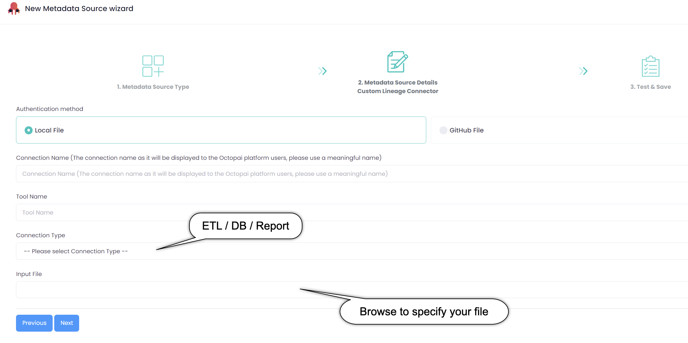 New metadata source wizard to choose Local folder option for Custom Lineage connector