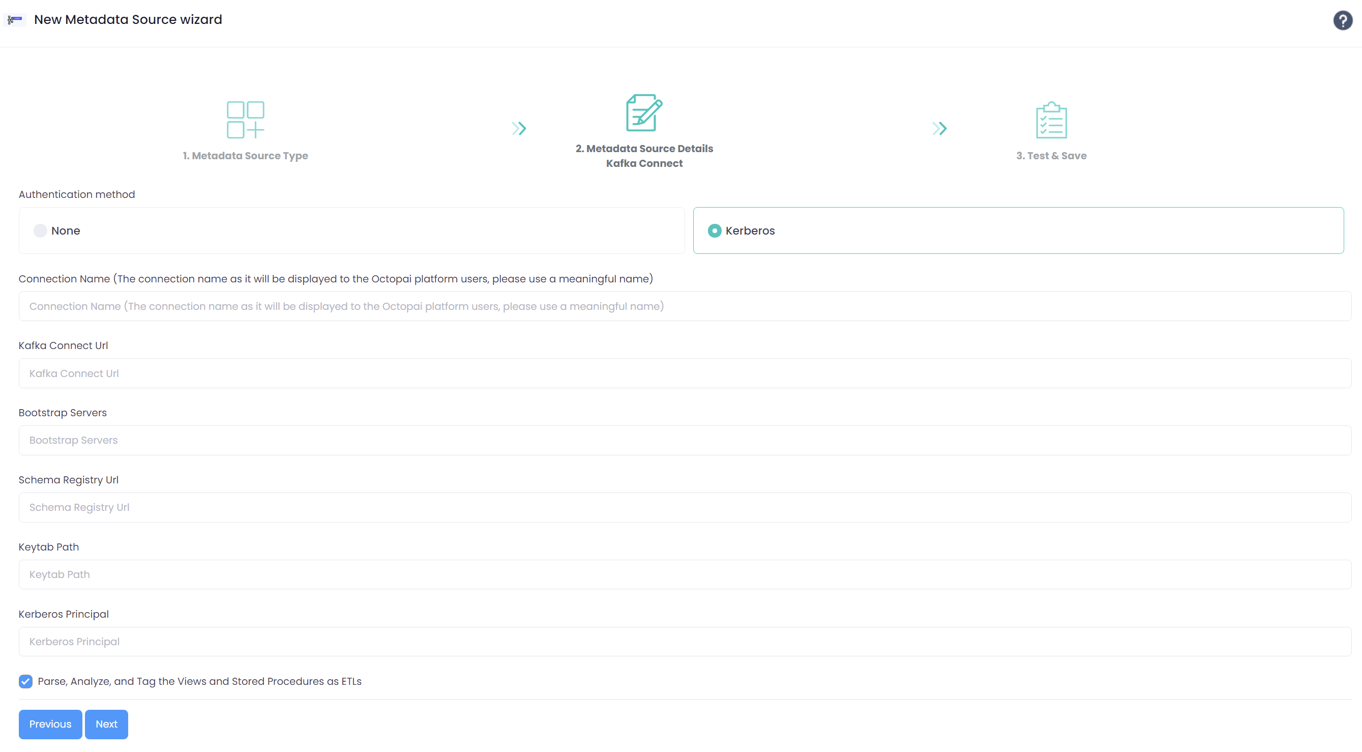 New Metadata Source wizard showing Kafka Connect connection fields with Kerberos authentication selected