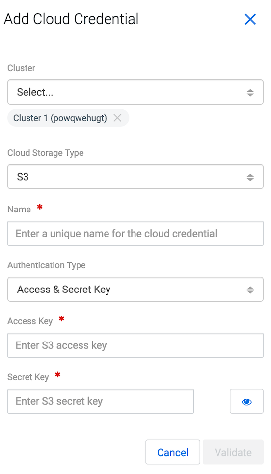 The image shows the Add cloud crendenttials dialog box where you can select your cluster, cloud storage type, and authentication type. You can click Validate to verify the cloud credentials.