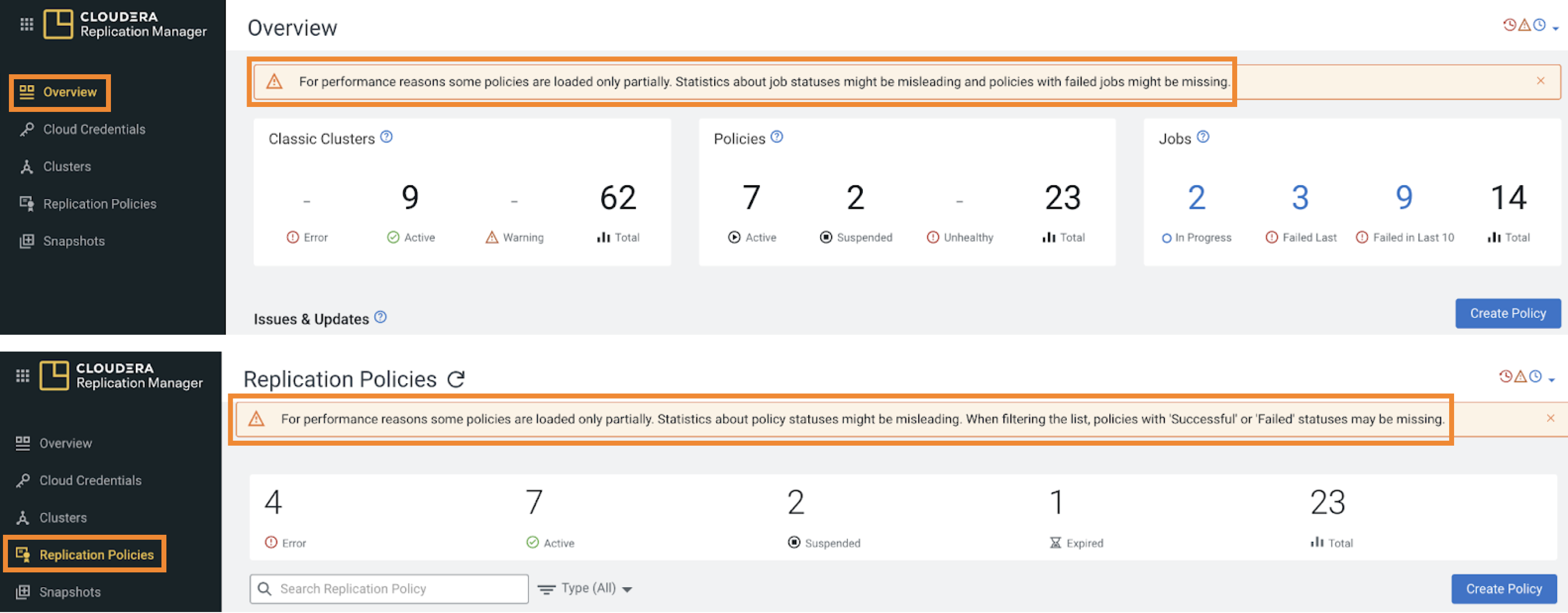 The image shows the options to load the Replication Policies page.