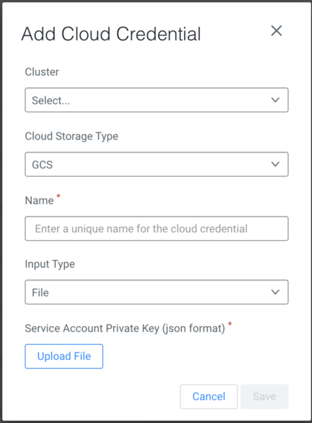 The image shows the options that appear when you choose GCS cloud storage type and File input type.