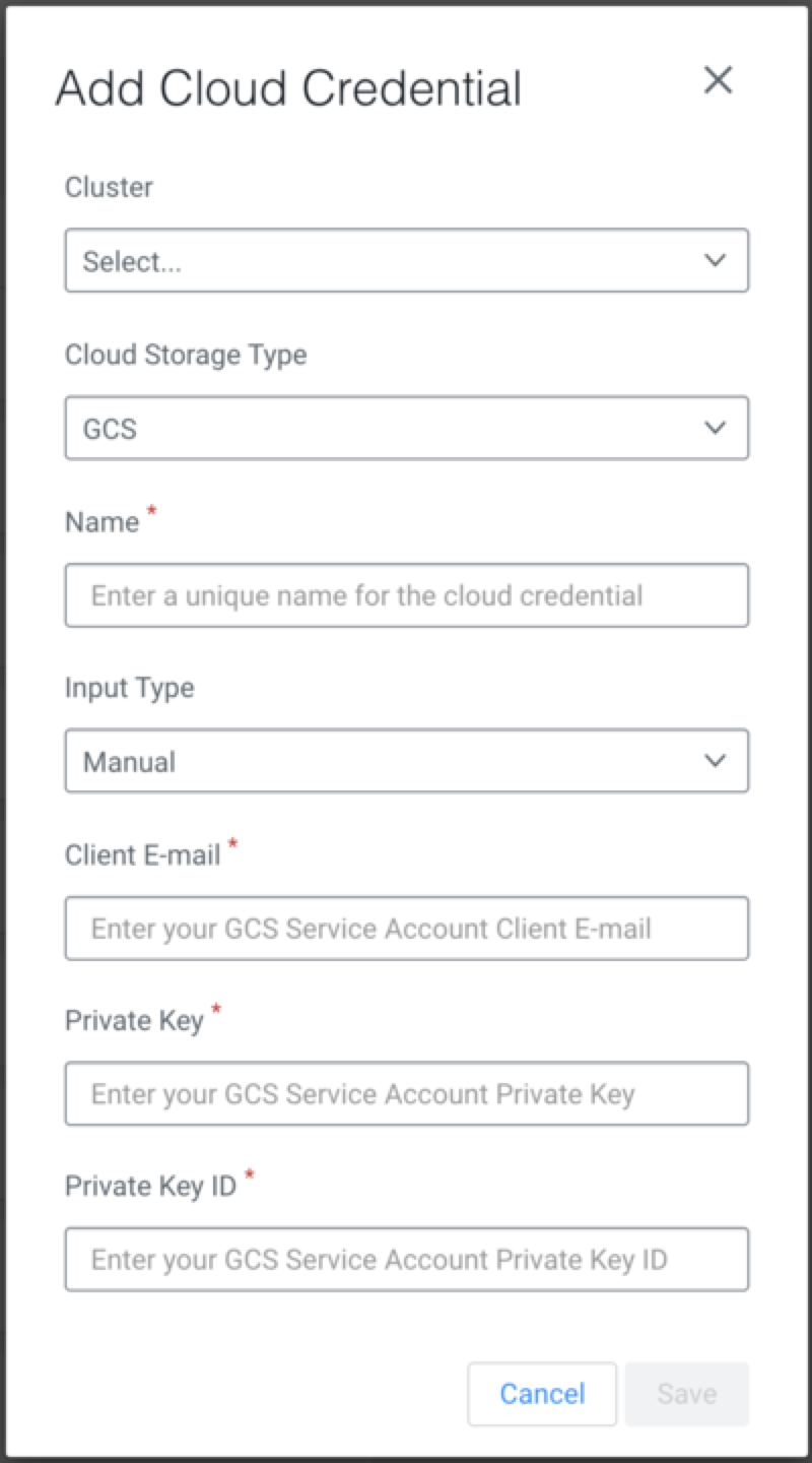 The image shows the options that appear when you choose GCS cloud storage type and Manual input type.