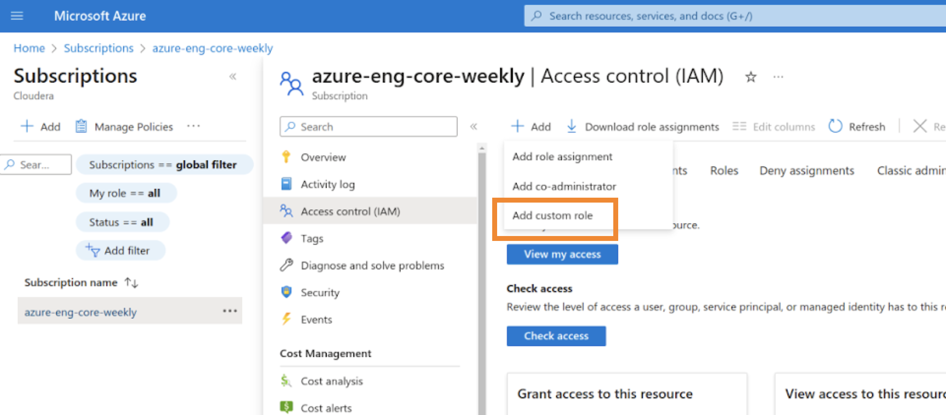 The sample image shows the Access control (IAM) page in Microsoft Azure to create a custom role.